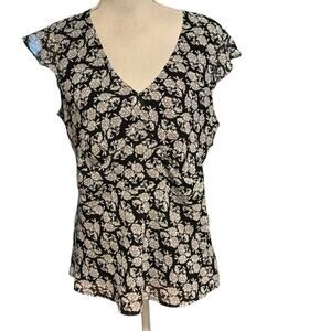 Vintage Old Navy Size L Babydoll Top Blouse Floral Print Black White FLAW